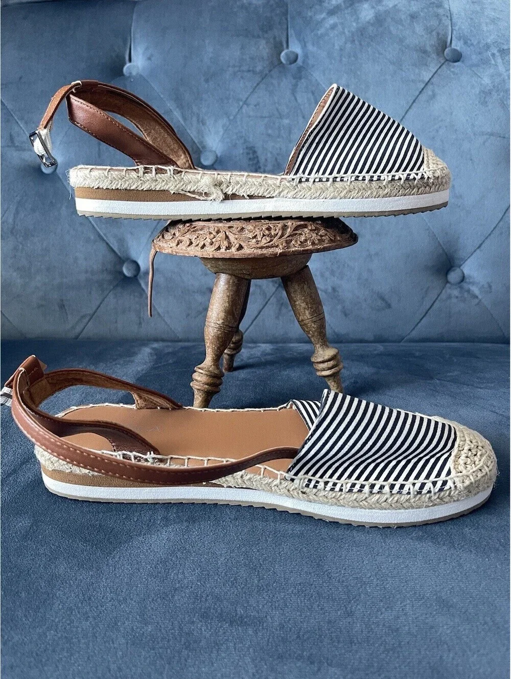 NAUTICA Espadrille Sandals Ankle Straps Black White Stripe Sz 7.5 Coastal NEW